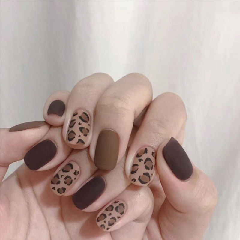 咖啡色磨砂豹纹假指甲片nail美甲