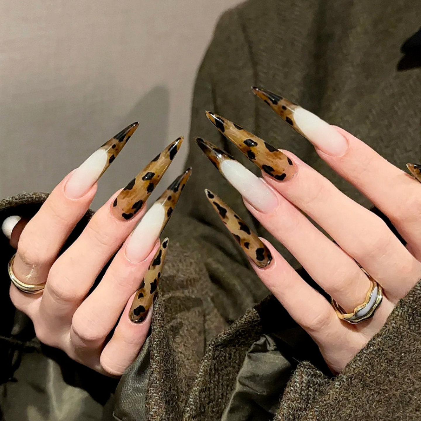 棕色豹纹法式穿戴甲琥珀玳瑁长尖型美甲贴欧美式辣妹成品假指甲贴