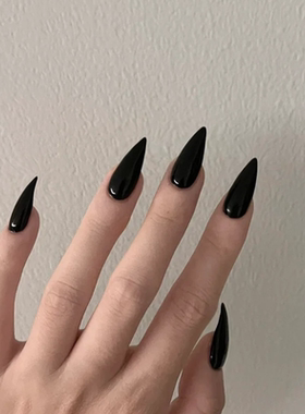 尖头亮黑色假指甲片nail欧美简约cos拍照穿戴美甲贴自由拆卸成品