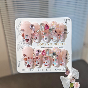 可爱萝莉甜心公主风手工穿戴甲粉色钻美甲贴成品日系少女假指甲片