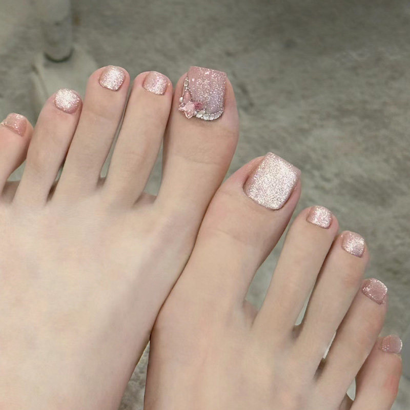 脚趾穿戴甲贴粉色晶石猫眼小蝴蝶blingbling成品甜美温柔假指甲片