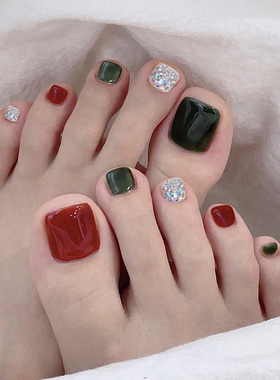 圣诞红绿色闪粉脚趾穿戴美甲贴显白欧美复古甲片Nails成品假指甲