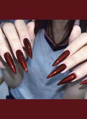 猩红玛丽尖头欧美风暗黑cos舞蹈假指甲片成品延长穿戴美甲贴nail