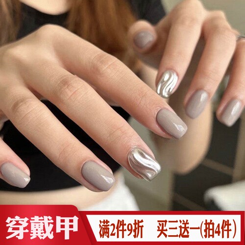冷灰金属银色水波纹穿戴假指甲片