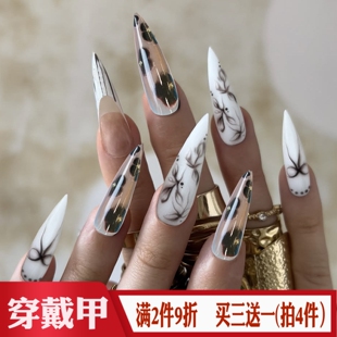 黑白花晕染蝴蝶结长尖头穿戴甲跨境欧美风辣妹假指甲片成品美甲贴