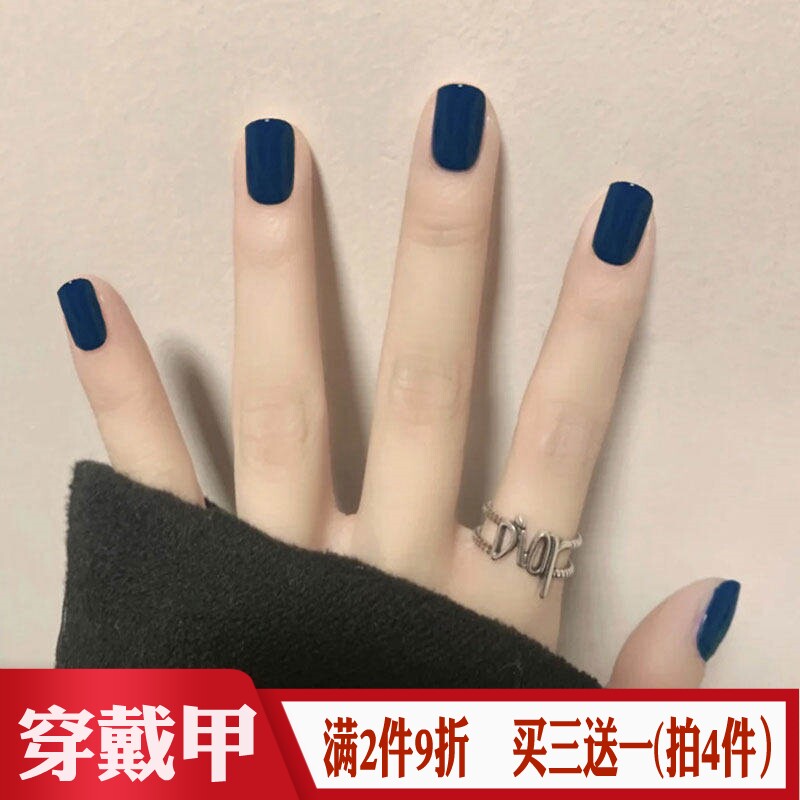 深黑蓝色mini小短款方形甲片成品显白纯色光面穿戴美甲贴假指甲片