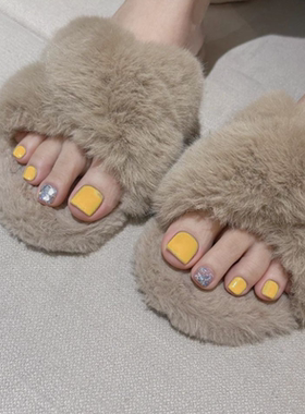 鹅黄色银闪粉夏日元气简约脚趾假指甲片Nails成品可拆卸穿戴甲贴