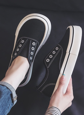 芒果头黑色一脚蹬懒人鞋女百搭套脚帆布鞋大头女鞋休闲韩版布鞋女