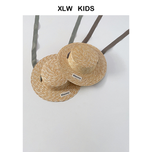 麦秆长绑带儿童草帽平顶百搭防晒夏季宝宝遮阳帽男童女童太阳帽子