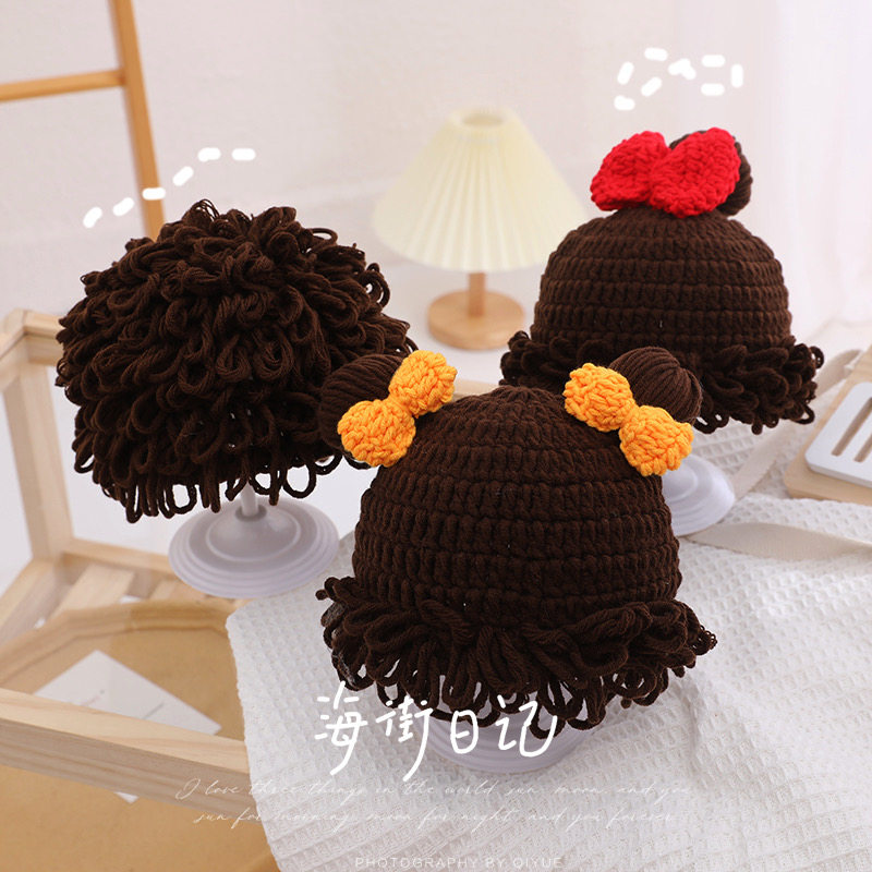ins宝宝假发帽韩国婴幼儿周岁拍照卷发帽可爱爆炸头卷毛儿童短发