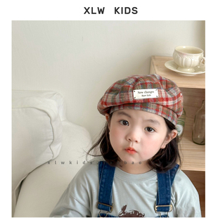 ins日系复古撞色格子儿童前进帽文艺男女童字母标画家帽子贝雷帽