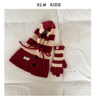 ins风条纹儿童法拉帽撞色高级感针织帽百搭保暖手套男女童护耳帽