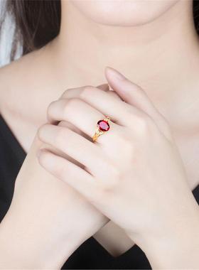 真金色沙金戒指女红宝石可调节