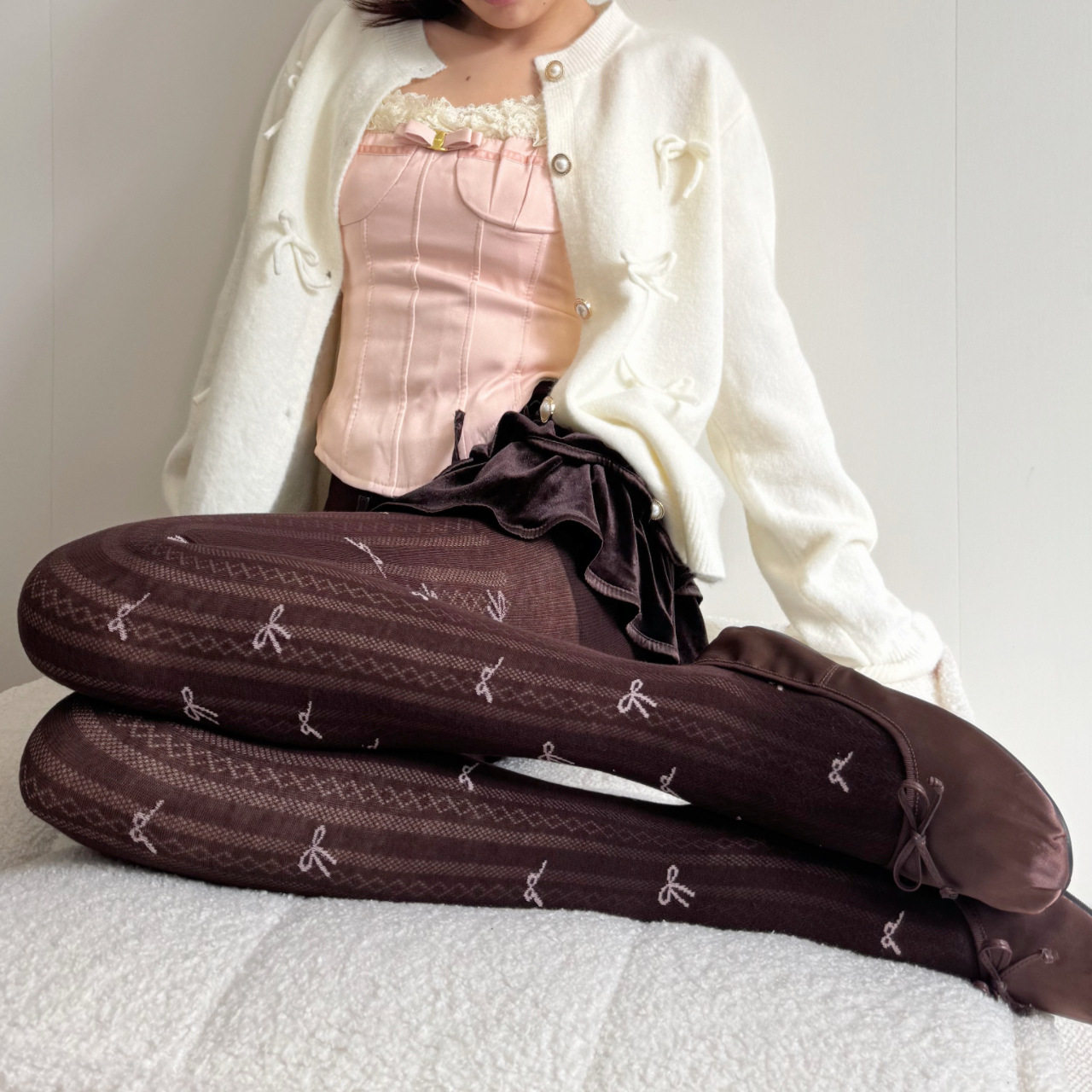 秋冬ins暗纹提花蝴蝶结连裤袜