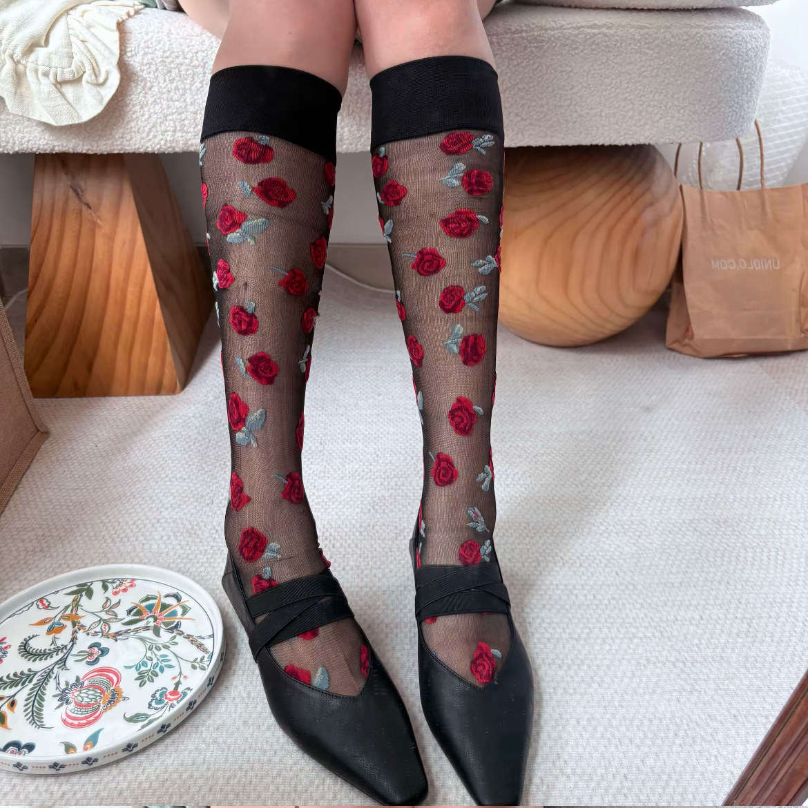 日系复古玫瑰花卉黑丝长筒及膝袜玻璃丝夏季薄款透肤小腿堆堆袜女,女士内衣/男士内衣/家居服,长筒袜,淘宝优惠券,粉丝福利购,淘宝优惠卷