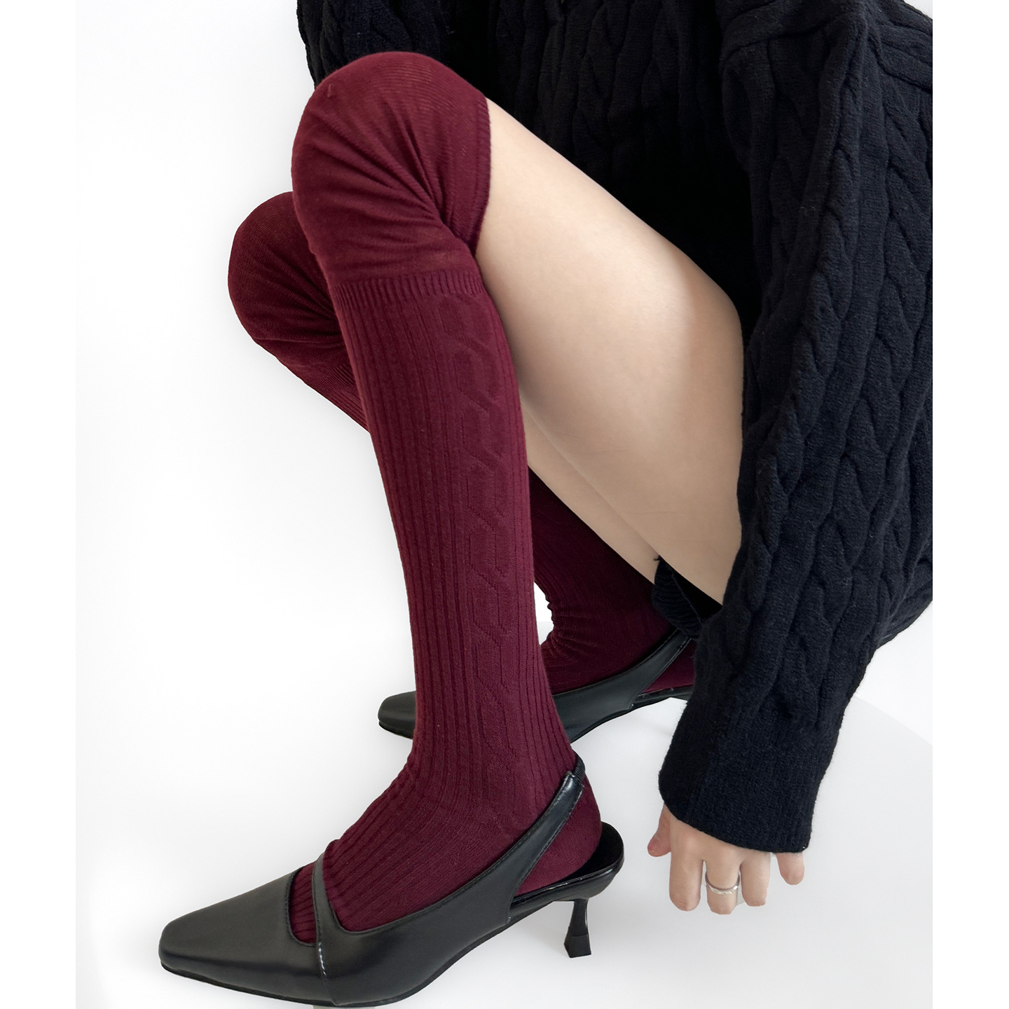 日系麻花纹搭高筒靴过膝袜