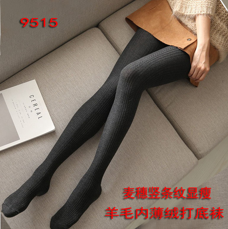 秋冬打底35%羊毛袜子内磨绒麦穗竖条提花显瘦拉绒大码保暖连裤袜
