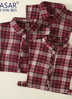 新款春秋冬季百搭女士红色格子衬衫假领子毛衣卫衣装饰尖圆立衣领