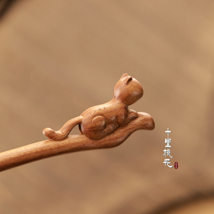 原创【小花猫】新中式檀木发簪子可爱趣味日常通勤盘发头饰古风女