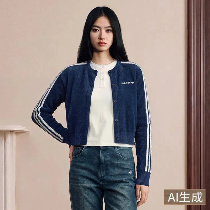 阿迪达斯三叶草女装FLUFFY CARDIGAN 毛绒针织开衫上衣外套JW3644