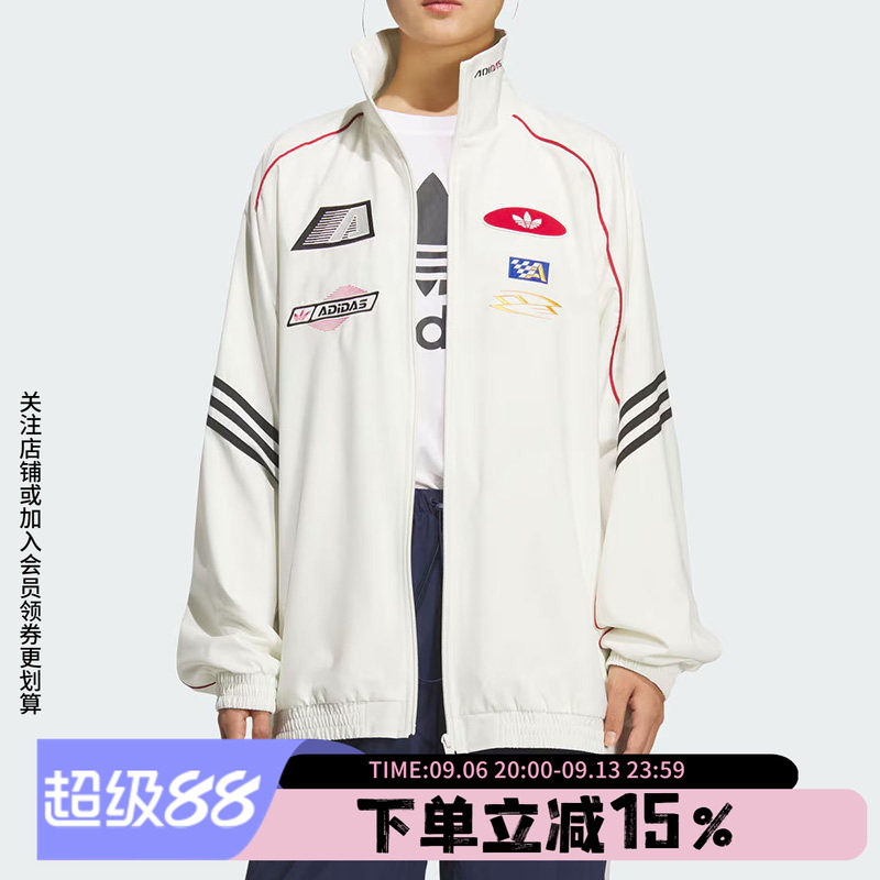 阿迪达斯三叶草女装春季新款MOTO JKT赛车风立领运动宽松夹克外套