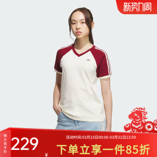 新款 NECK 阿迪达斯三叶草短袖 经典 春季 TEE 运动上衣V领T恤 女装