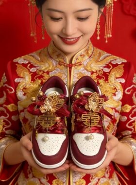 红色婚鞋新娘鞋女士中式禾秀婚纱两穿平底百搭板鞋男女订婚结婚鞋