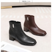 2025新款 圆头中跟短筒靴黑色秋冬软底舒适头层羊皮 真皮女靴时尚