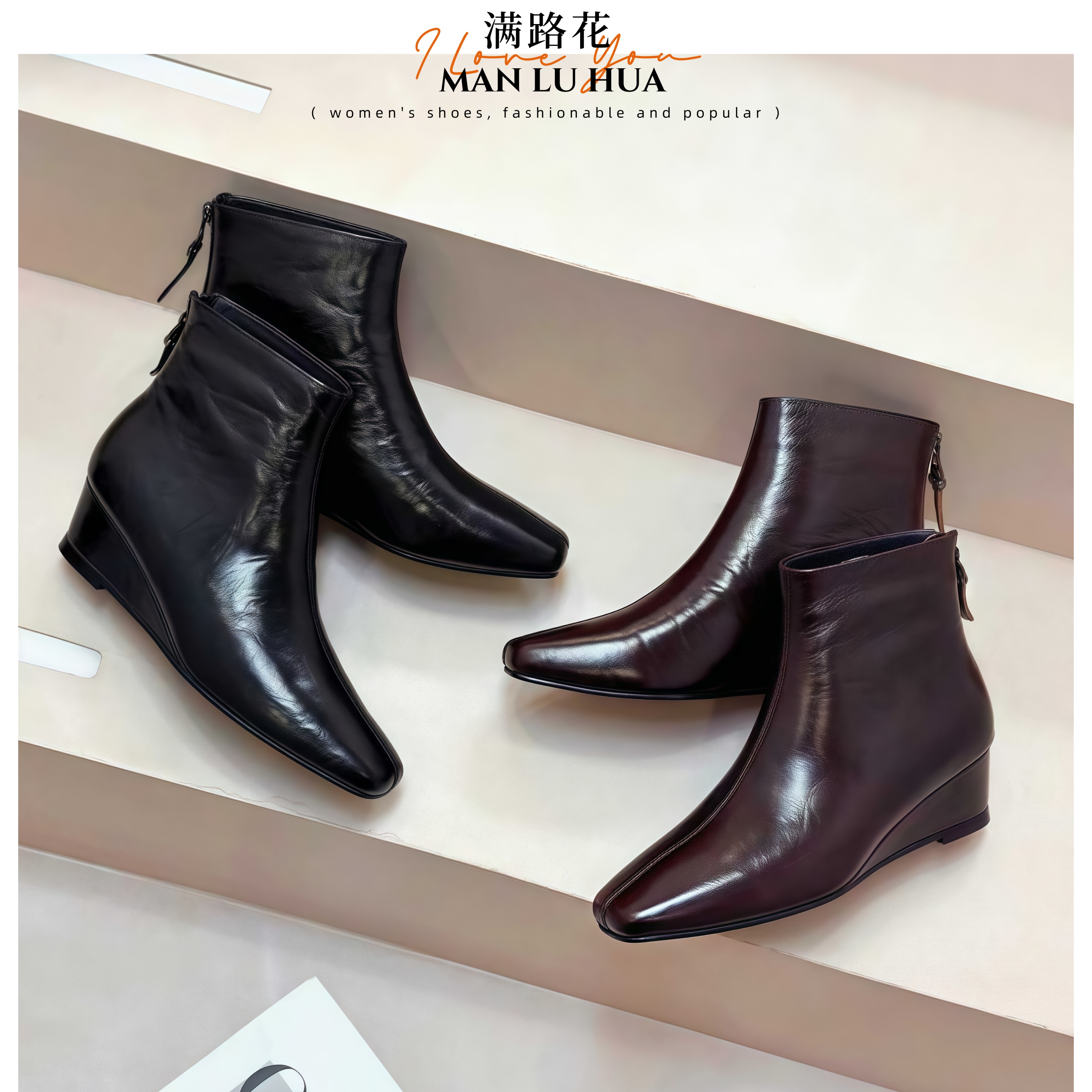 头层牛皮真皮方头坡跟短靴女百搭内增高瘦瘦靴踝靴及踝靴加绒冬季