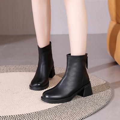 头层牛皮短靴女真皮圆头粗跟中跟