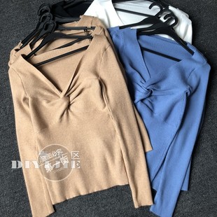 女士上衣 针织衫 第一街外贸Knitted material15%羊毛V领弹力打底衫