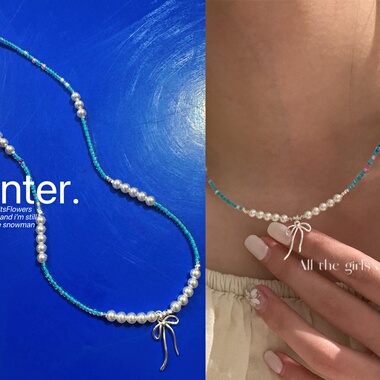 串珠蝴蝶结珍珠项链小众锁骨链