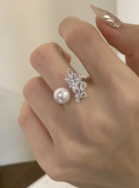 S925纯银高奢精工极光正圆澳白雀翎满钻珍珠戒指高碳钻贝珠指环女