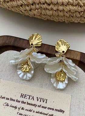 新款韩版ins风金色花瓣锆石流苏耳坠925银针气质小清新感耳饰