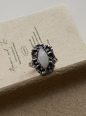 法式复古金属做旧立体花朵椭圆形树脂戒指中古风食指戒小众指环女