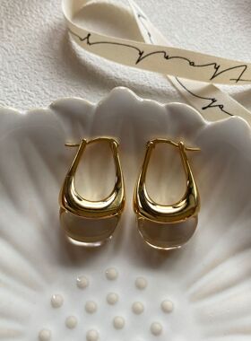 光面水晶透明水滴耳扣耳钉简约小众设计感通勤百搭耳饰女