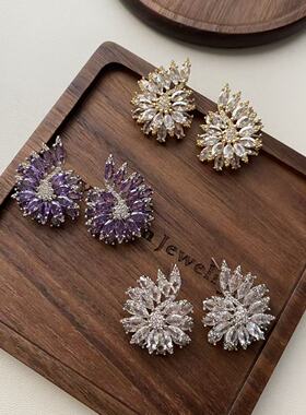 重工气质感精致超闪满镶雪花锆石耳钉银针小众设计仙女风耳饰