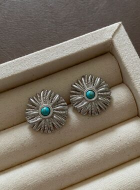 民族风纽扣绿松石耳钉银针森系复古小众设计花朵造型感耳饰女