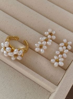 法式复古天然珍珠手作串珠花朵戒指小众气质洛可可风耳饰戒指套装