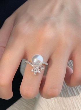 s925纯银正圆施家珍珠大小双子星戒指女精致满锆气质繁星手饰