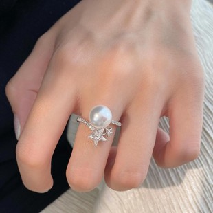 s925纯银正圆施家珍珠大小双子星戒指女精致满锆气质繁星手饰