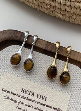 ins风金属镶嵌虎眼石水滴耳坠925银针气质小众耳钉感复古耳饰