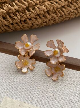 法式复古立体滴釉花朵耳坠一款两戴天然珍珠耳钉气质感耳饰女