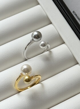 s925纯银施家珍珠混彩双珠开口戴妃戒指女时尚个性精致小众ins风