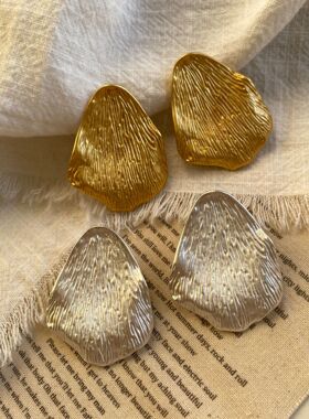 欧美金属风肌理感夸张树叶耳钉银针法式小众感气质时髦耳饰女