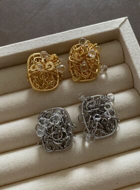 时髦感金属水晶球铜镀真金耳钉银针欧美风气质千金风轻奢耳饰