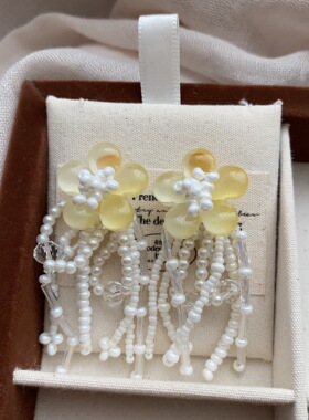 黄色串珠花朵长款流苏耳钉耳环度假风森系耳饰女灵动甜美清新