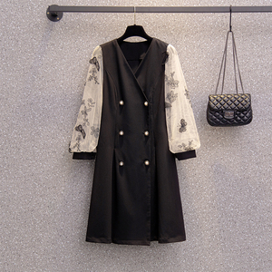 RM20602#早秋大码女装时尚修身纽扣修身套头蝴蝶网纱拼接连衣裙