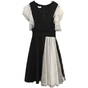 RM12438#胖MM网纱拼接气质修身显瘦连衣裙