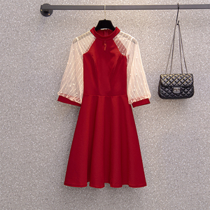 RM20601#大码套头网纱拼接套头拼接圆领纯色中腰a字裙